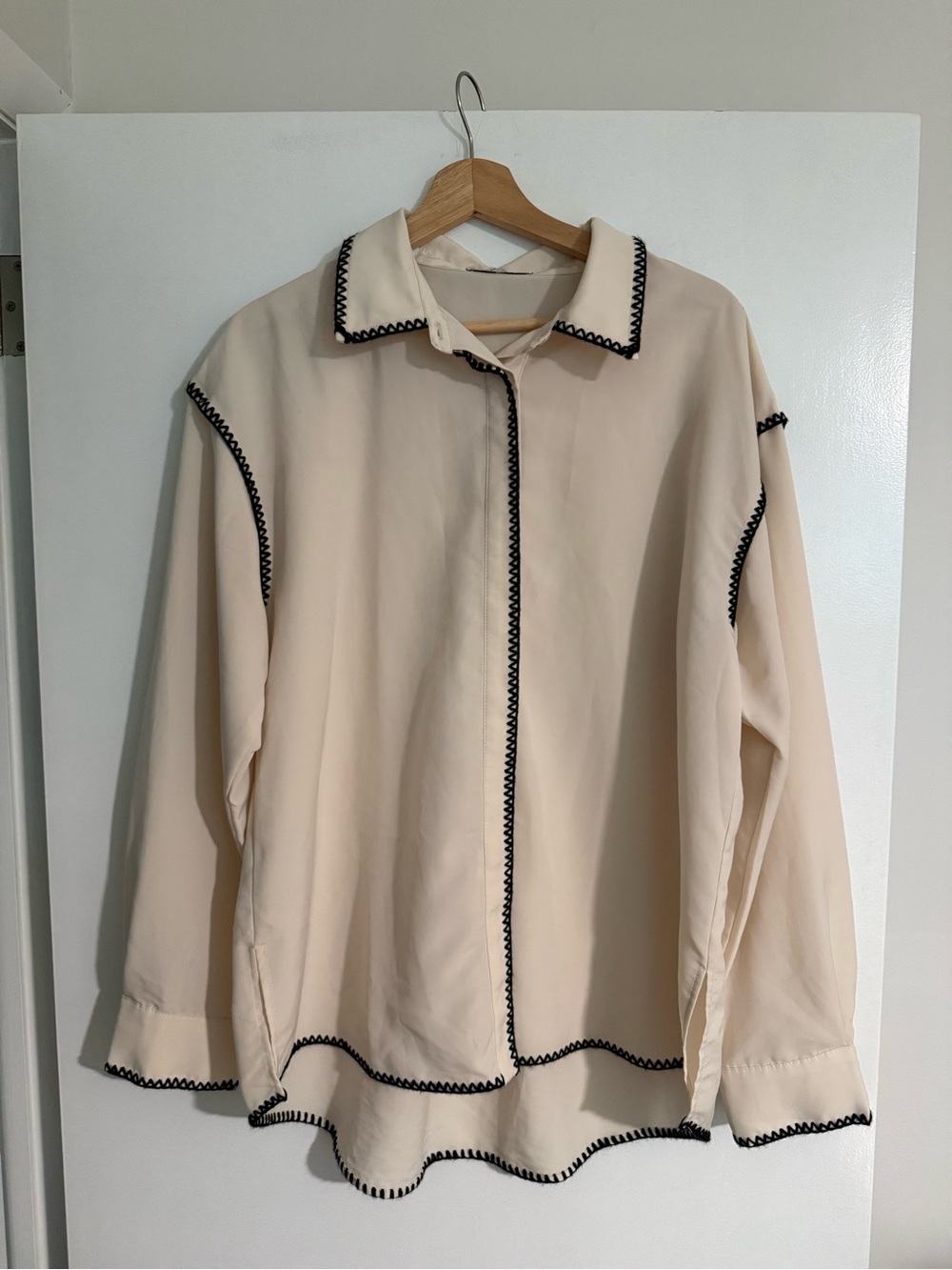 Cream Button-Up Jacket with Black Trim